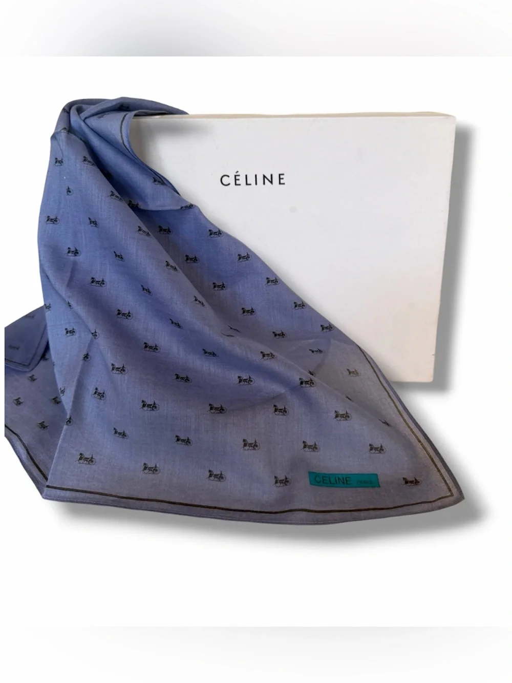 Celine Paris periwinkle blue purple all-over iconic carriage micro print scarf